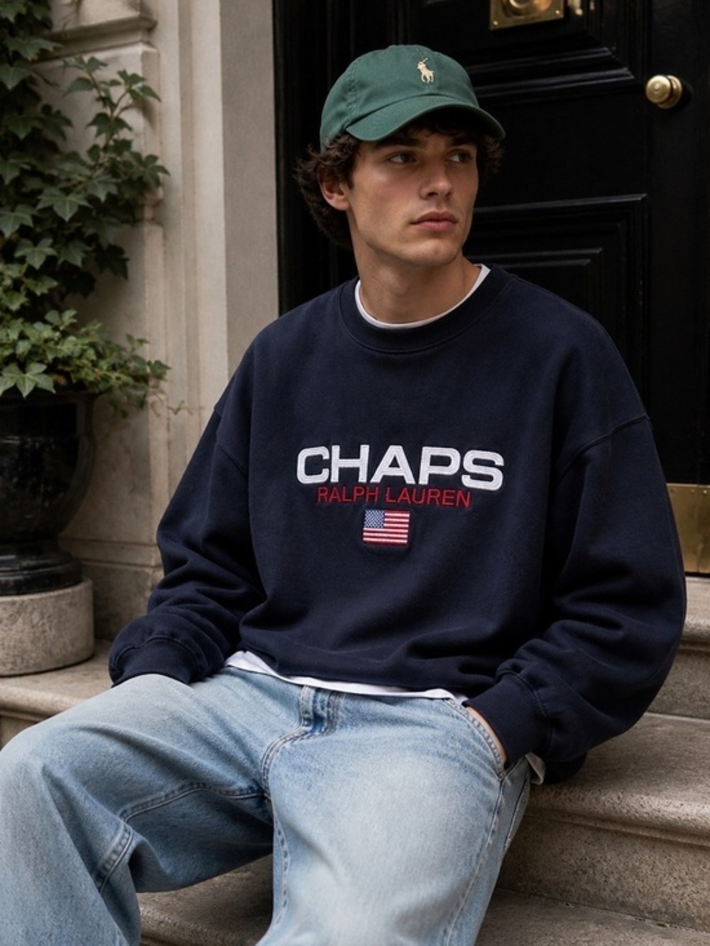 Chaps Ralph Lauren Crewneck Sweatshirt XXL Navy USA Flag Logo Vintage Spellout